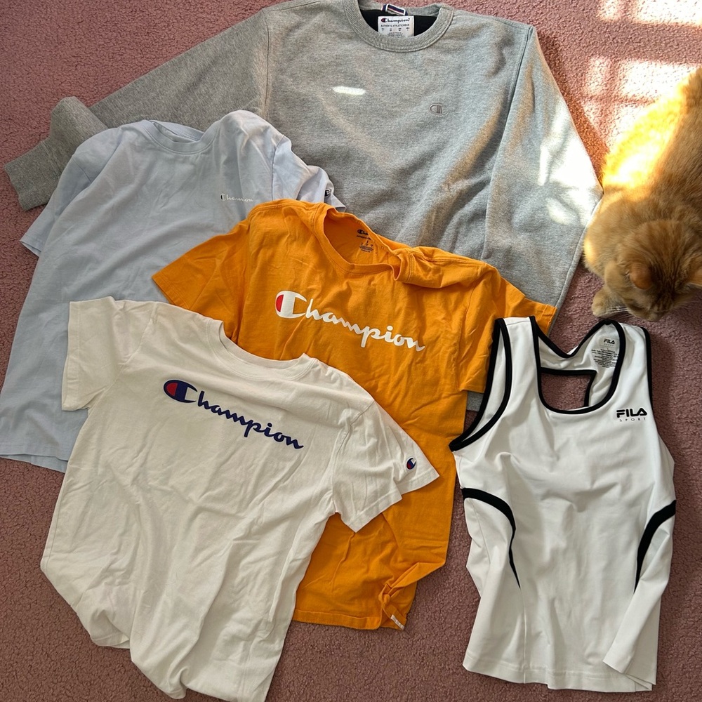 Champion Orange, White, and Light Blue Short Sleeve Tees, with Fila tank top